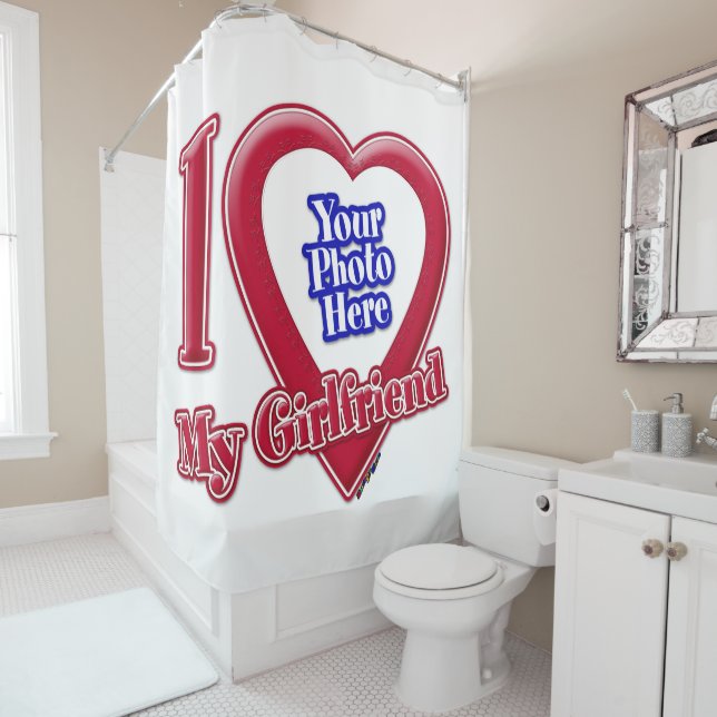 I Love My Girlfriend Photo Red Heart Shower Curtain (In Situ)