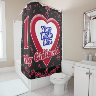 I Love My Girlfriend Photo Red Hearts Black Shower Curtain