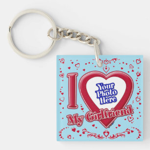 I Love My Girlfriend Photo Red Hearts Blue Horizon Key Ring