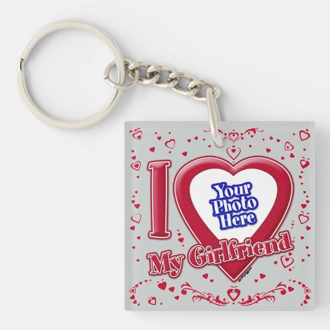 I Love My Girlfriend Photo Red Hearts Grey Key Ring (Front)