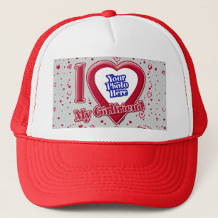 I Love My Girlfriend Photo Red Hearts Grey Trucker Hat