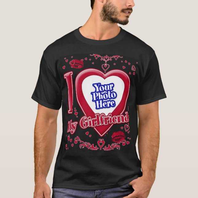 I Love My Girlfriend Photo Red Hearts Kiss Black T-Shirt (Front)