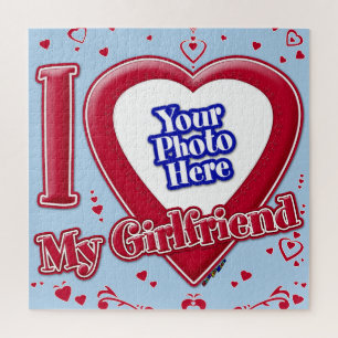 I Love My Girlfriend Photo Red Hearts Light Blue Jigsaw Puzzle