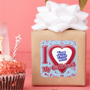 I Love My Girlfriend Photo Red Hearts Light Blue Square Sticker