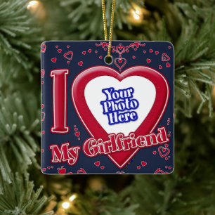 I Love My Girlfriend Photo Red Hearts Navy Ceramic Ornament