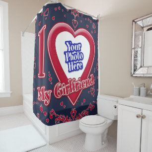 I Love My Girlfriend Photo Red Hearts Navy Shower Curtain