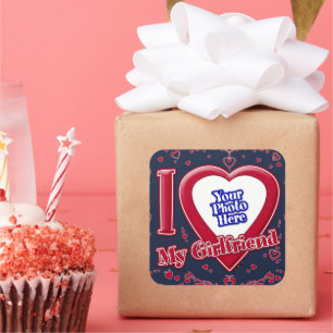 I Love My Girlfriend Photo Red Hearts Navy Square Sticker