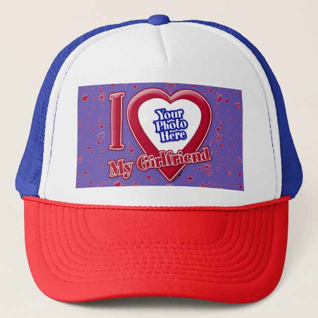 I Love My Girlfriend Photo Red Hearts Purple Trucker Hat (Front)
