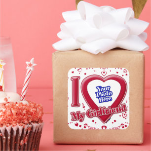 I Love My Girlfriend Photo Red Hearts Square Sticker
