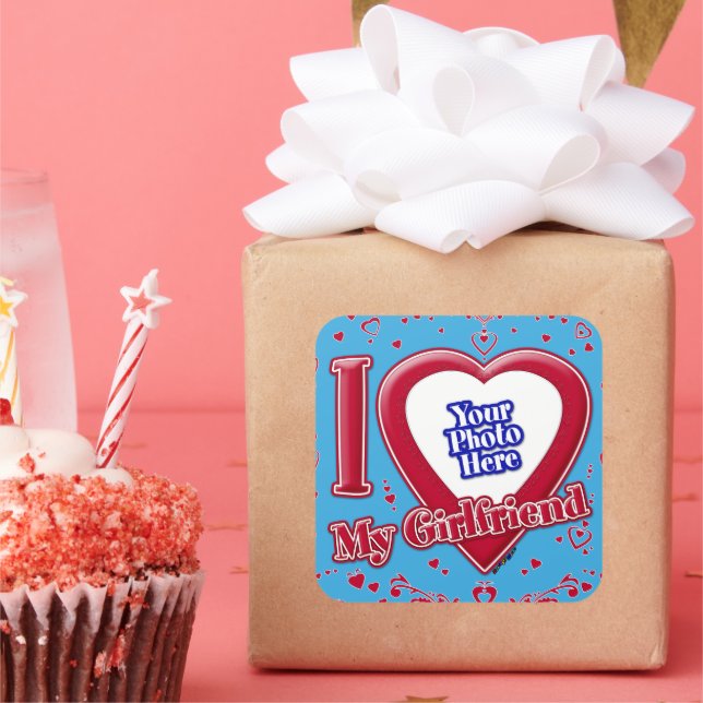 I Love My Girlfriend Photo Red Hearts Teal Square Sticker (Party)