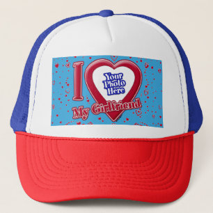 I Love My Girlfriend Photo Red Hearts Teal Trucker Hat