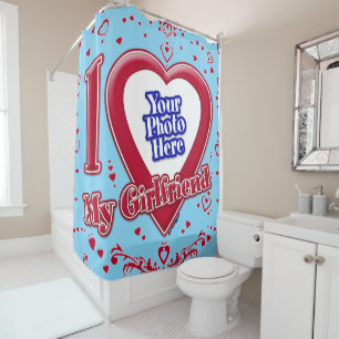 I Love My Girlfriend Photo Red Hearts Turquoise Shower Curtain