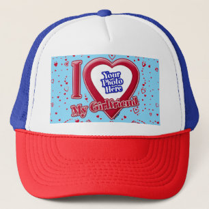 I Love My Girlfriend Photo Red Hearts Turquoise Trucker Hat