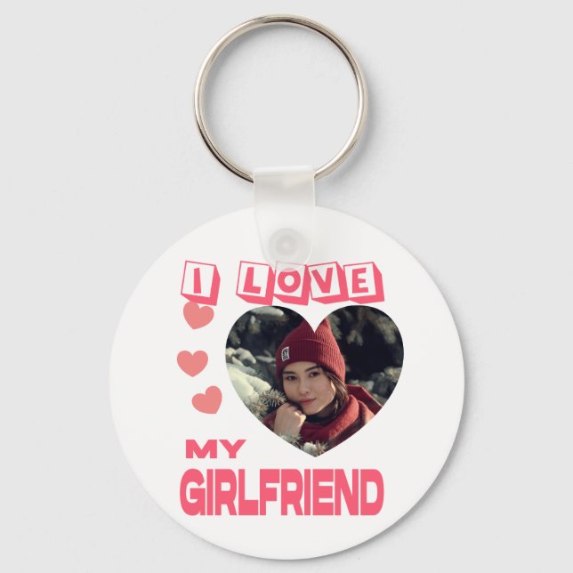 I Love My Girlfriend Pink Heart Custom Photo Key Ring (Front)