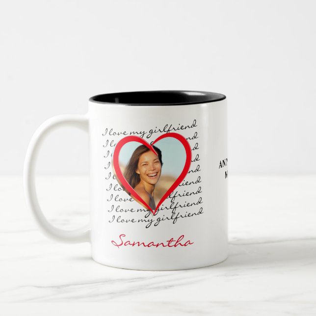 I Love My Girlfriend Red Heart Custom Photo Name Two-Tone Coffee Mug (Left)