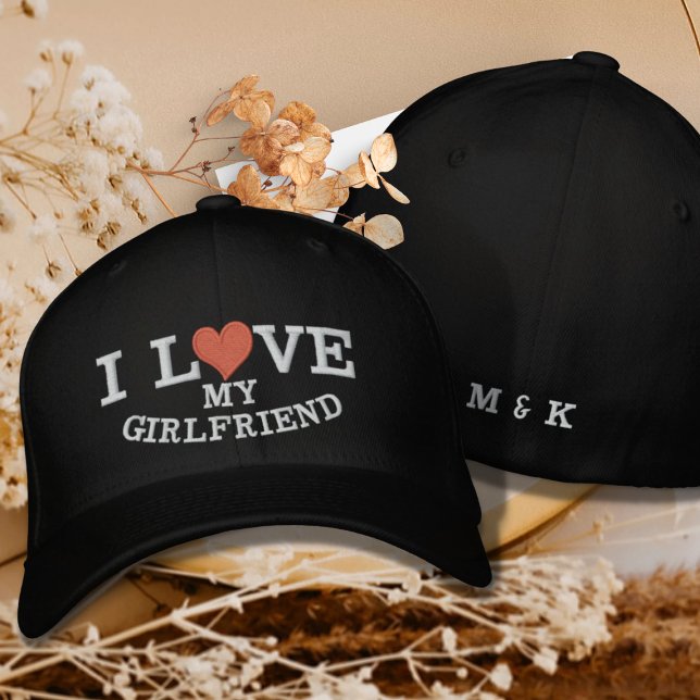 I Love My Girlfriend Red Heart Monogram Custom Embroidered Hat (Creator Uploaded)