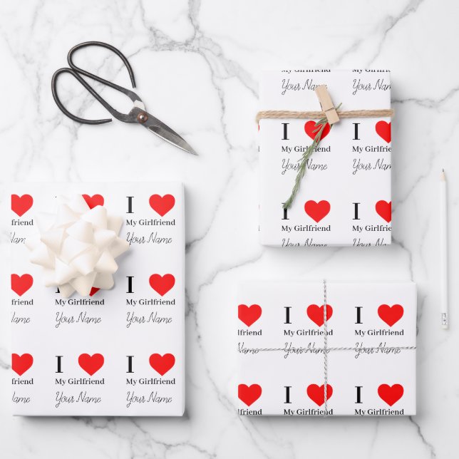 I love My Girlfriend & Red Heart Personalised  Wrapping Paper Sheet (Front)