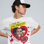 I love my Girlfriend red photo text y2k T-Shirt<br><div class="desc">Create your own I love my girlfriend shirt with this super colourful shirt template featuring 2 photos into huge red hearts and handwritten custom text on bright yellow highlight. This shirt can be a cringe, funny bf anniversary gift. Force your boyfriend to wear this super cute tiktok trend shirt all...</div>