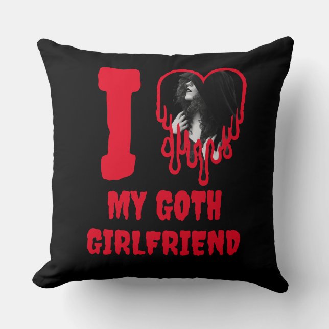 I Love My Goth Girlfriend Dripping Red Heart Photo Cushion (Front)