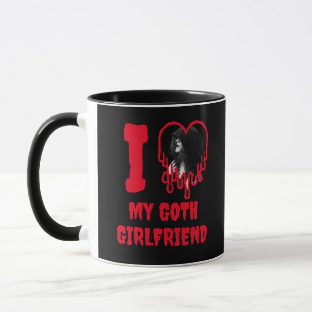 I Love My Goth Girlfriend Dripping Red Heart Photo Mug (Left)