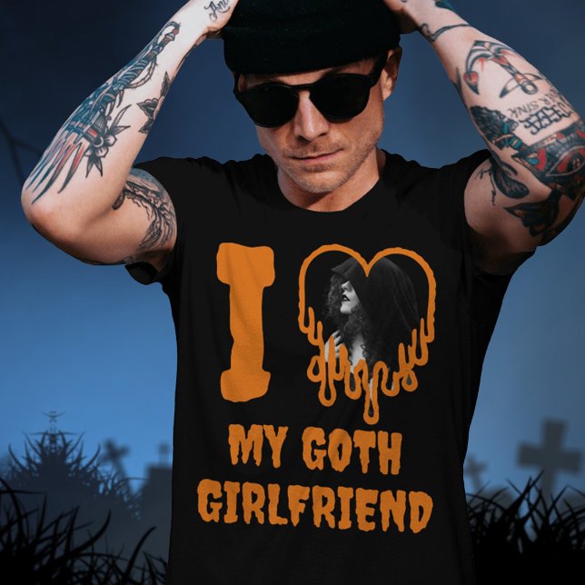 I Love My Goth Girlfriend Halloween Heart Photo T-Shirt (I love my goth girlfriend t-shirt, with orange text and a heart photo template)