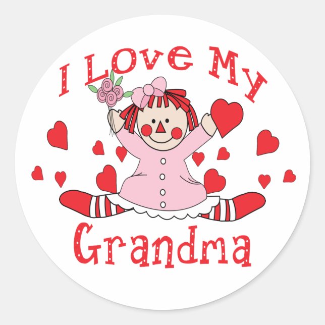 I love My Grandma Rag Doll & Hearts Classic Round Sticker (Front)