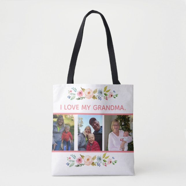 I love my grandma with 3 photos tote bag (Front)