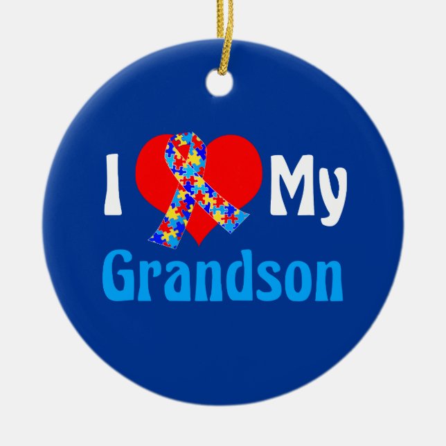 I Love My Grandson Autism Grandparent Blue Ribbon Ceramic Tree Decoration (Front)