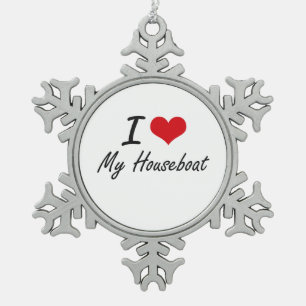 I Love My Houseboat Snowflake Pewter Christmas Ornament