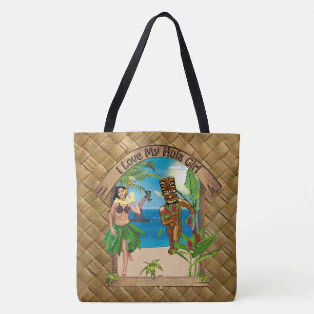 I Love My Hula Girl Tiki Lauhala Print Tote Bag (Front)
