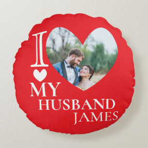I Love My Husband Custom Photo Heart Round Cushion