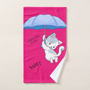 "I LOVE MY KITTY" kids hand towel with pets name.