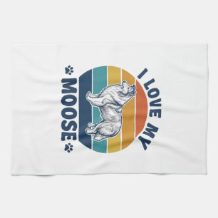 I Love My Moose Dog Retro Engraving Design_1 Tea Towel
