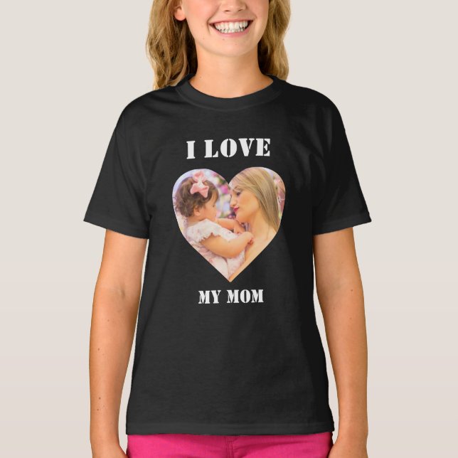 I Love My Mum Custom Heart Photo Black T-Shirt (Front)