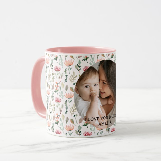I Love my Mum Greenery Floral Mother Baby Photo  Mug (Front Left)