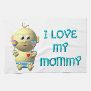 I love my mummy Bouncing Baby with Heart & Rattles Tea Towel