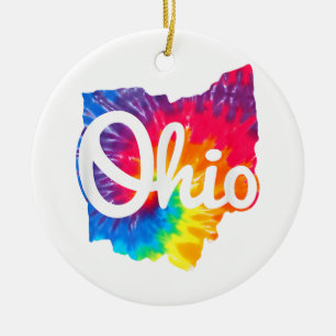 I Love My Ohio Home Script Tie Dye Ohio Ceramic Tree Decoration