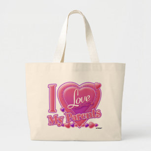 I Love My Parents pink/purple - heart Large Tote Bag