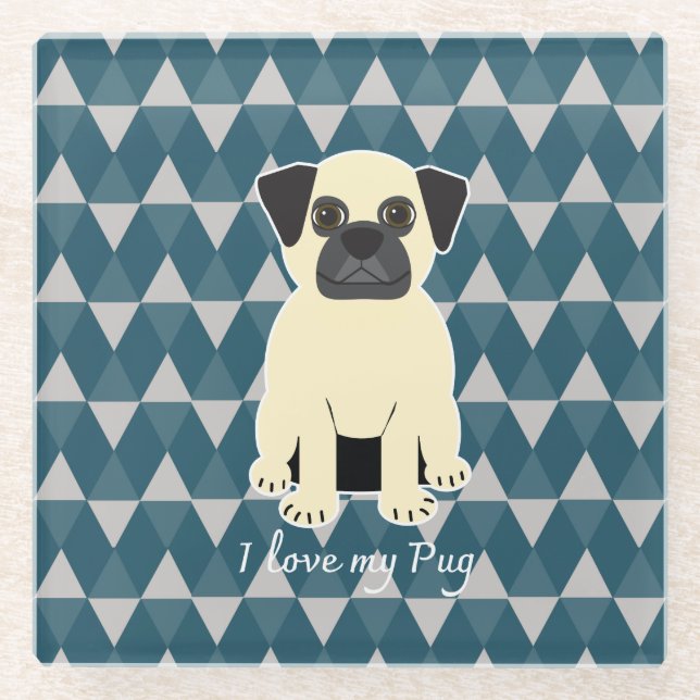 I love my Pug, Blue diamonds pattern Glass Coaster (Front)