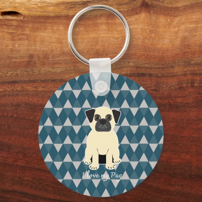 I love my Pug, Blue diamonds pattern Key Ring (Front)
