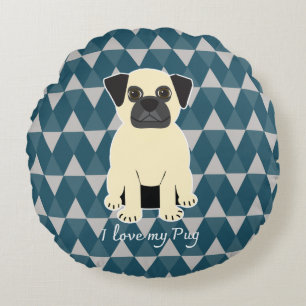 I love my Pug, Blue diamonds pattern Round Cushion