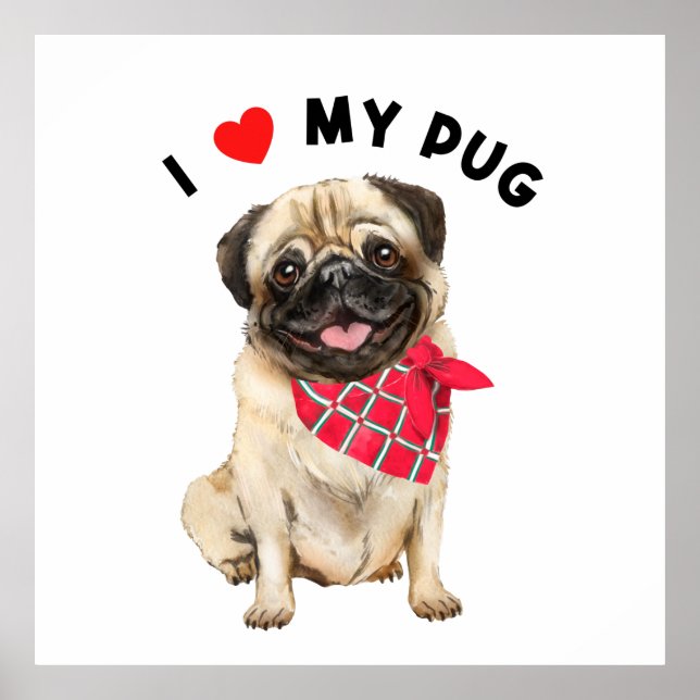 I Love My Pug Cute Pug Puppy Dog with Scarf Art  Poster (Front)