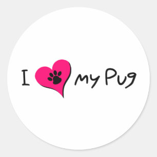 I Love My Pug Quote With Paw Print on Pink Heart Classic Round Sticker