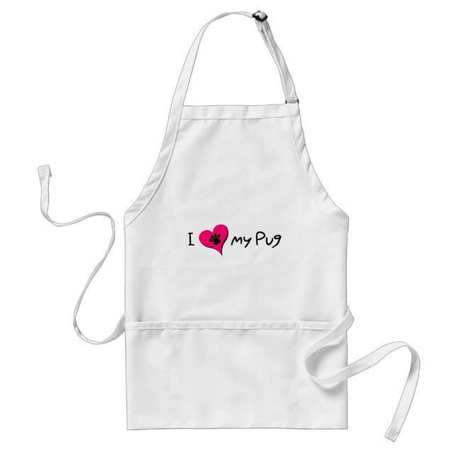I Love My Pug Quote With Paw Print on Pink Heart Standard Apron (Front)