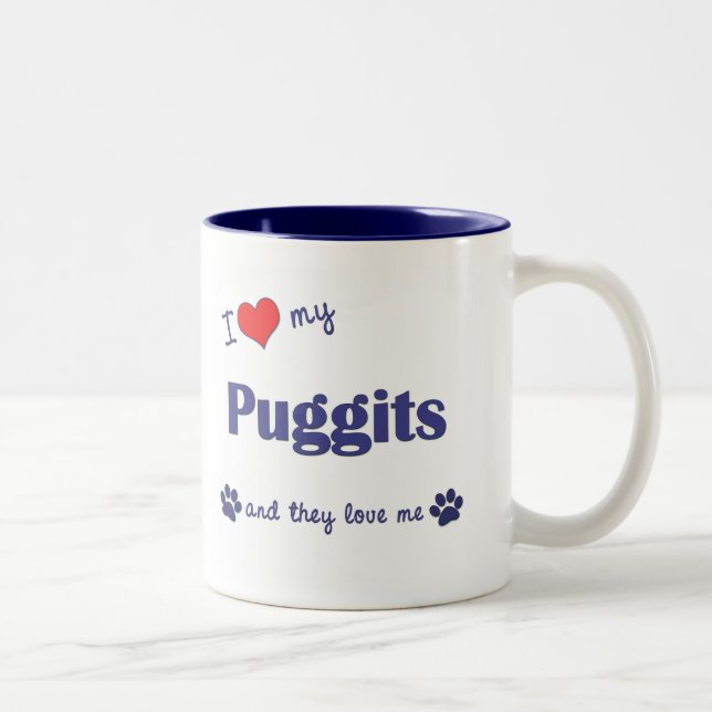 I Love My Puggits (Multiple Dogs) Two-Tone Coffee Mug (Right)