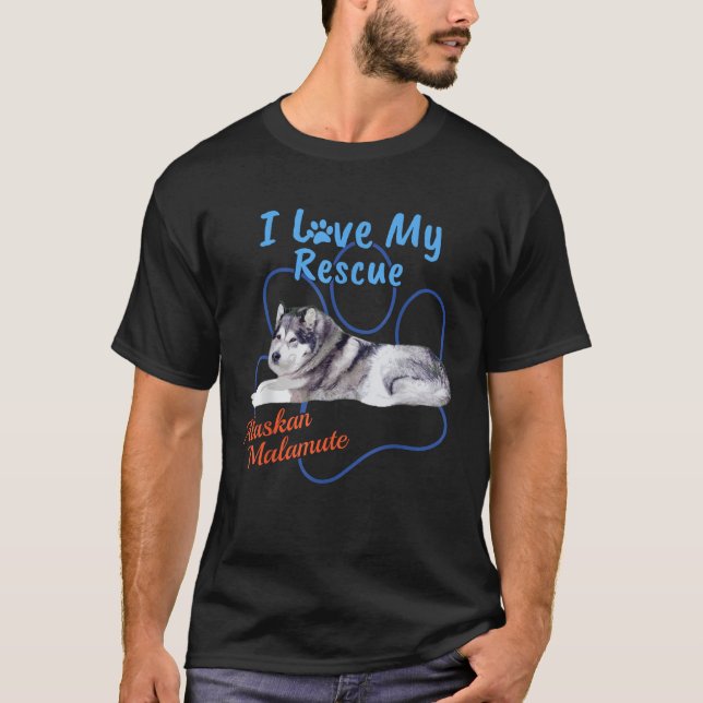 I Love My Rescue Alaskan Malamute Cool Adopted Dog T-Shirt (Front)