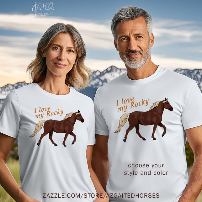 I Love My Rocky Horse – Cute Gaited Horse Lover T-Shirt (Two people wearing white t-shirts with a brown horse illustration and the text “I love my Rocky.”)