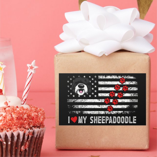 I Love My Sheepadoodle Cute Dog Owner Gift US Flag Rectangular Sticker (Party)