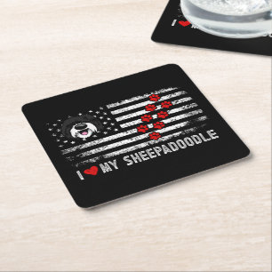 I Love My Sheepadoodle Cute Dog Owner Gift US Flag Square Paper Coaster