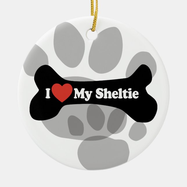 I Love My Sheltie - Dog Bone Ceramic Tree Decoration (Front)